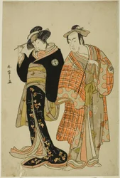 De acteurs Matsumoto Koshiro IV en Segawa Kikunojo III als de geliefden Choemon (rechts) en Ohan (links), in de ontsnappingsscène 