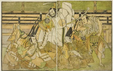 De acteurs Nakamura Denkuro II als Seno-o Taro, Ichikawa Komazo II als Yorimasa, Nakamura Nakazo I als Taira no Kiyomori, en Ichikawa Danjuro V als Kiou Takiguchi (van rechts naar links), in het stuk Nue no Mori Ichiyo no Mato, uitgevoerd in het Nakamura T