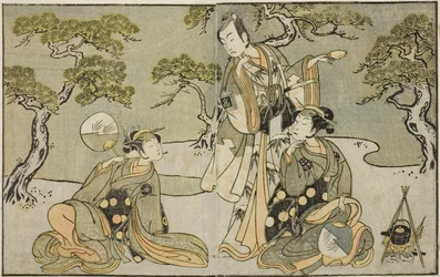 De acteurs Nakamura Nakazo I als Matsukaze (rechts), Ichikawa Komazo II als Ariwara no Yukihira (midden), en Iwai Hanshiro IV als Murasame (links), in het stuk Kuni no Hana Ono no Itsumoji, opgevoerd in het Nakamura Theater in de elfde maand, 1771