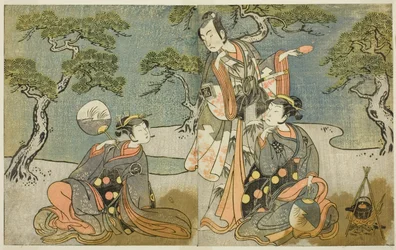 De acteurs Nakamura Nakazo I als Matsukaze (rechts), Ichikawa Komazo II als Ariwara no Yukihira (midden), en Iwai Hanshiro IV als Murasame (links), in het stuk Kuni no Hana Ono no Itsumoji, uitgevoerd in het Nakamura Theater in de elfde maand, 1771