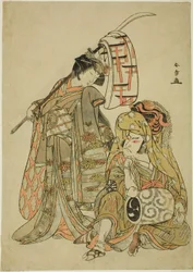 De acteurs Nakamura Nakazo I als Onmaya Kisanda verkleed als Kakubei de leeuwendanser (rechts) en Segawa Kikunojo III als Shizuka Gozen (links), in de danssequentie "Myoto-zake Kawaranu Nakanaka" (Eeuwige harmonie van de huwelijksbeker)