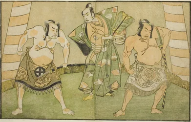 De Acteurs Nakamura Sukegoro II als Matano no Goro (rechts), Onoe Kikugoro I als Soga no Taro (midden), en Otani Hiroji III als Kawazu no Saburo (links), in het Stuk Myoto-giku Izu no Kisewata, Uitgevoerd in het Ichimura Theater in de Elfde Maand, 1770