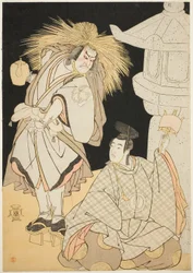De Acteurs Nakayama Kojuro VI als Osada Taro Kagemune (in werkelijkheid Hatcho Tsubute no Kiheiji) als Lampaansteker van het Gion-heiligdom (links), en Sawamura Sojuro III als Komatsu no Shigemori (rechts), in Acte Drie van Deel Een van het Toneelstuk Yuki