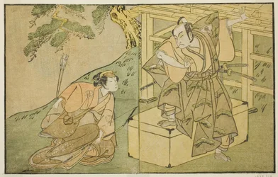 De Acteurs Onoe Matsusuke I als Akaboshi Taro (rechts), en Azuma Tozo II als Shirotae (links), in het Toneelstuk Kono Hana Yotsugi no Hachi no Ki, Opgevoerd in het Ichimura Theater in de Elfde Maand, 1771