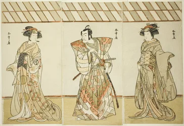 De acteurs Onoe Tamizo I als Nishikigi (?) of Otae (?), Ichikawa Danjuro V als Miura Heidayu Kunitae (?) en Osagawa Tsuneyo II als Oyuki (?), in het stuk Date Nishiki Tsui no Yumitori (?), uitgevoerd in het Morita Theater (?)