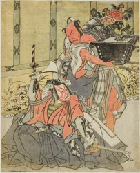 De acteurs Otani Hiroemon III als Shinagawa Okaminosuke (rechts), en Ichikawa Danjuro V als Arashishi Otokonosuke (links), in het stuk Fuki Kaete Tsuki mo Yoshiwara