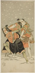 De Acteurs Otani Hiroji III als Kameo (rechts), en Sakata Sajuro I als Ario (links), in het stuk Hime Komatsu Ne no Hi Asobi, uitgevoerd in het Ichimura Theater in de negende maand, 1768