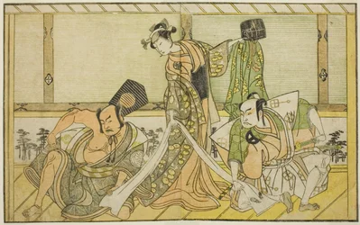 De Acteurs Otani Hiroji III als Kawazu no Saburo (rechts), Segawa Kikunojo II als Prinses Tatsu (Tatsu Hime) (midden), en Nakamura Sukegoro II als Matano no Goro (links), in het Toneelstuk Myoto-giku Izu no Kisewata, Uitgevoerd in het Ichimura Theater in d