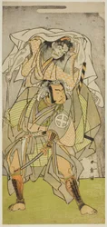 De acteurs Otani Hiroji III als Koga Saburo, en Ichimura Uzaemon IX als de duivel van Kogakeyama, de geest van Wakasa no Zenji Yasumura, in het stuk Kono Hana Yotsugi no Hachi no Ki, uitgevoerd in het Ichimura Theater in de elfde maand, 1771
