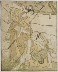 De acteurs Otani Tomoemon I als Emohei (rechts), en Sanogawa Ichimatsu II als Sanada Yoichi (links), in het stuk Myoto-giku Izu no Kisewata, uitgevoerd in het Ichimura Theater in de elfde maand, 1770