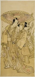 De Acteurs Segawa Kikunojo III (rechts) als Ochiyo, en Bando Mitsugoro I (links) als de Groenteboer Hambei, in het Toneelstuk Kabuki no Hana Bandai Soga, Opgevoerd in het Ichimura Theater in de Vierde Maand, 1781