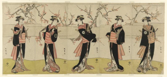 De acteurs Segawa Kikunojo III als Karigane Obun, Nakayama Tomisaburo I als An no Oyasu, Iwai Kiyotaro II als Kaminari no Osha, Nakayama Tatezo I als Gokuin no Osen, en Ichikawa Monnosuke II als Hotei no Oichi (van rechts naar links), in "Gonin Onna," scèn