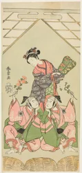 De acteurs Segawa Kikunojo II als de voedster Reizei, Ichikawa Komazo I als Suruga no Hachiro vermomd als shamisen-speler Kichiroku (rechts), en Ichikawa Yaozo II als Tada no Kurando vermomd als draagstoel-drager Kichinai (links), in de scène