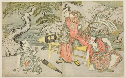 De Acteurs Tomizawa Hanzaburo II als Nagoya Sanzaemon (vaak Sanza genoemd) (rechts), Nakamura Juzo II als Fuwa Banzaemon (midden), en een Ongeïdentificeerde Acteur als de Zakkenroller Matsumoto Daishichi (links), in het Toneelstuk Fuki Kaete Tsuki mo Yoshi