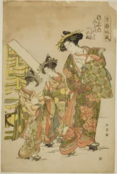 De courtisane Michinoku van het Tsutaya-huis met haar Kamuro Midare en Shinobu, uit de serie "Kikkaku Hokufu"