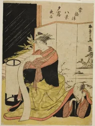 De courtisane Yugiri en haar minnaar Fujiya Izaemon, uit de serie "Tokiwazu Hakkei"