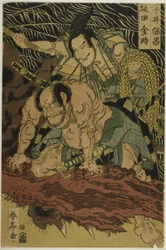 De aardspin gedood door de dappere samoerai Watanabe no Tauna (middelste afbeelding)