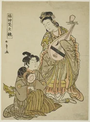 De godin Benten met een biwa en een jonge man met een schoudertrommel, uit de serie 