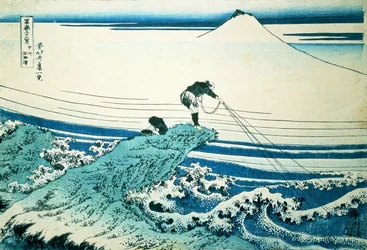 "Een Visser Staand op een Rotsachtig Vooruitstekend Punt bij Kajikazawa in de Provincie Kai", uit de serie "36 Zichten op de Berg Fuji", pub. ca. 1830-31