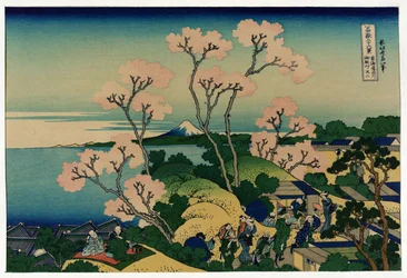 Een Groep Japanse Mensen Onder Kersenbomen in Bloesemtijd, in Shinagawa, Tokaido Road, Japan, met Uitzicht op de Fuji in de Verte