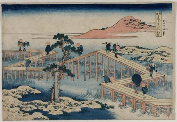 Een oud schilderij van de Acht Deelsbrug in de provincie Mikawa (uit de serie Nieuwsgierige Uitzichten van Beroemde Bruggen in de Provincies)