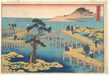 Oude afbeelding van Yatsuhashi in de provincie Mikawa (Mikawa no Yatsuhashi no kozu), uit de serie „Opmerkelijke uitzichten op bruggen in verschillende provincies“ (Shokoku meikyō kiran)