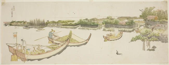 Boten die rijst vervoeren op de Sumida-rivier