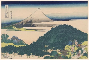 Kussenpijnboom in Aoyama (Aoyama Enza no matsu), uit de serie "Zesendertig gezichten op de berg Fuji (Fugaku sanjurokkei)"