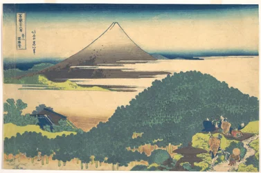 Kussenpijnboom bij Aoyama (Aoyama enza no matsu), uit de serie Zesendertig gezichten op de berg Fuji (Fugaku sanjūrokkei)