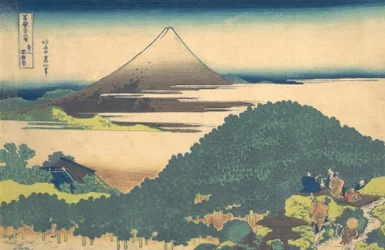 Kussenpijnboom in Aoyama Aoyama enza no matsu, uit de serie Zesendertig gezichten op de berg Fuji, ca. 1830-32