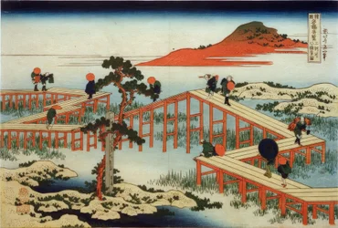 Het oude uitzicht op de Yatsuhashi-brug in de provincie Mikawa