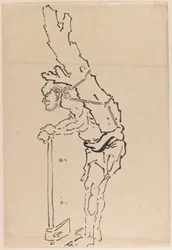 Tekening van een man rustend op een bijl en een deel van een boomstam op zijn rug dragend