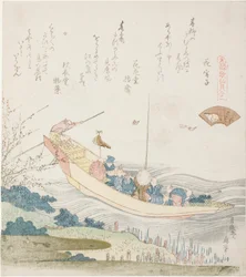 Veerboot op de Sumida-rivier, illustratie voor de Hoofdstadsschelp (Miyako-gai), uit de serie "Een Wedstrijdspel met Gedichten uit de Genroku-periode (Genroku kasen kai awase)"