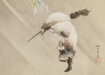 Visser die zijn net draagt in de sneeuw, ca. 1821