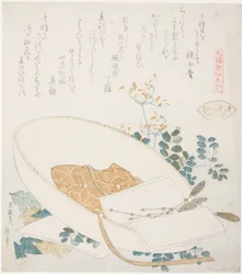 Vers geplukte bloemen in een reizigershoed, illustratie voor De duizend-grassen schelp (Chigusagai), uit de serie "Een spel met Genroku-periode gedichtenschelpen (Genroku kasen kai awase)"