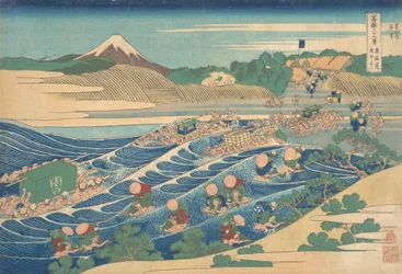 Fuji gezien vanuit Kanaya aan de Tokaido, Tokaido Kanaya no Fuji, uit de serie ‘Zesendertig gezichten op de berg Fuji’, ca. 1830-32.