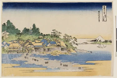 Fuji vanaf Enoshima-eiland in de provincie Sagami, uit de serie Zesendertig gezichten op de berg Fuji, begin jaren 1830
