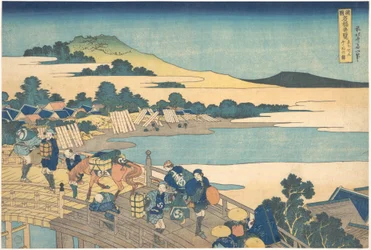 De Fukui-brug in de provincie Echizen (Echizen Fukui no hashi), uit de serie „Opmerkelijke uitzichten op bruggen in verschillende provincies“ (Shokoku meikyō kiran)