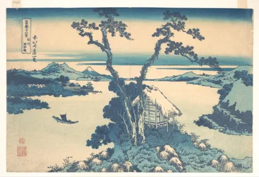 Het Suwa-meer in de provincie Shinano (Shinshū Suwako), uit de serie „Zesendertig gezichten op de berg Fuji“ (Fugaku sanjūrokkei)