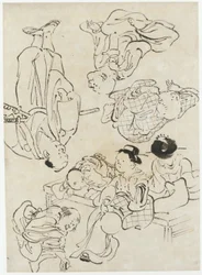 Diverse figuren: zomerplezier, figuren zittend op de veranda en (onder) Samurai, Edo-periode