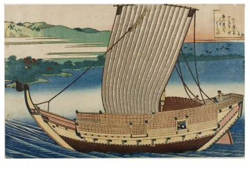 Nr.18. De scène, een jonk varend op een kalme zee langs de baai van Suminoye in Settsu, uit de serie De Honderd Gedichten uitgelegd door de Verpleegster, ca. 1835-1836 (houtsnede op papier)