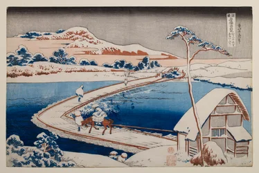 Oude afbeelding van de pontonbrug bij Sano in de provincie Kōzuke, uit de serie „Opmerkelijke afbeeldingen van bruggen in diverse provincies“