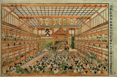 Origineel perspectiefbeeld van het Grote Kabuki-theater in Edo