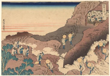 Pelgrims die de top beklimmen, uit de serie „Zesendertig gezichten op de berg Fuji“