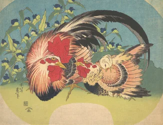 Haan, hen en kuiken met spinnenkruid, ca. 1830-33