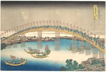 De Tenman-brug in de provincie Settsu (Sesshū Tenmanbashi), uit de serie „Opmerkelijke uitzichten op bruggen in verschillende provincies“ (Shokoku meikyō kiran)