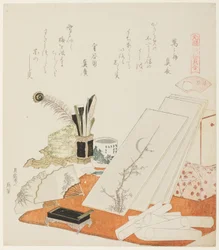 De studio, illustratie voor De Witte Schelp (Shiragai), uit de serie "Een matchspel met Genroku-periode gedichtschelpen (Genroku kasen kai awase)"