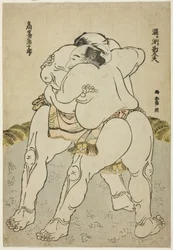 De sumoworstelaars Uzugafuchi Kandayu en Takasaki Ichijuro