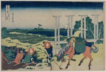 De Weir bij Senju in de provincie Musashi uit de serie Zesendertig Zichten op de berg Fuji, vroege 1830s