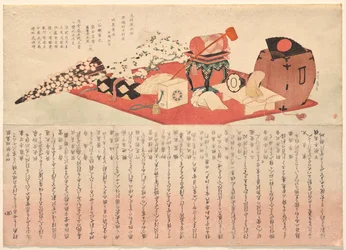 Theaterrekwisieten voor twee toneelstukken met Bandō Mitsugorō III